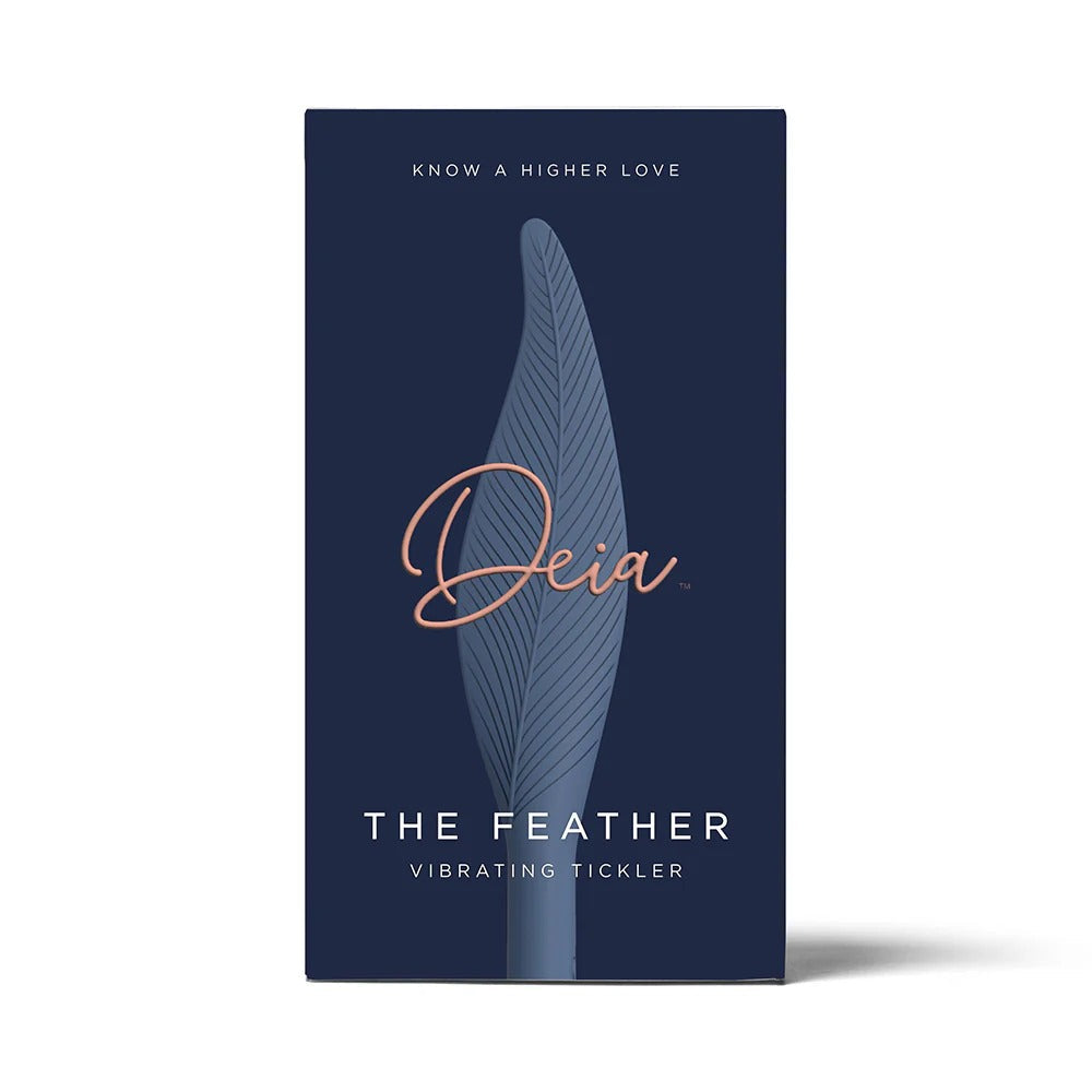 Vibrating feather tickler product box with tall feather illustration