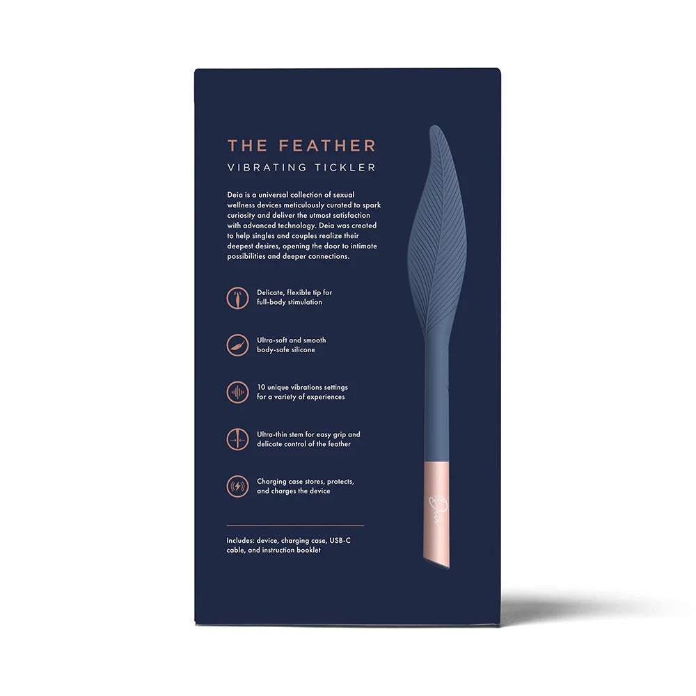 Vibrating feather tickler product box with navy feather illustration