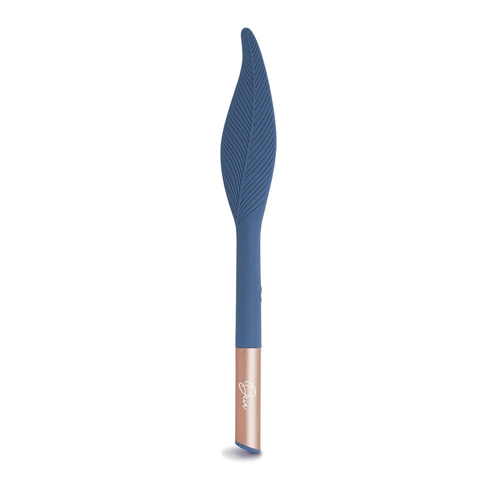 Vibrating feather tickler with navy feather tip and pink handle
