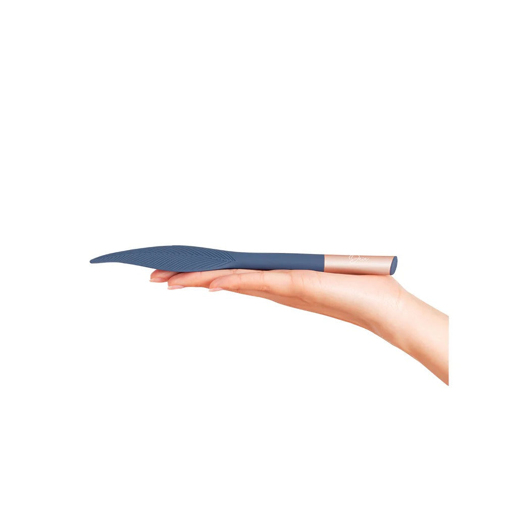 Vibrating feather tickler with navy feather design and pink handle