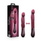 Pink thrusting vibe with ribbed midsection and dark ergonomic base, shown with packaging.