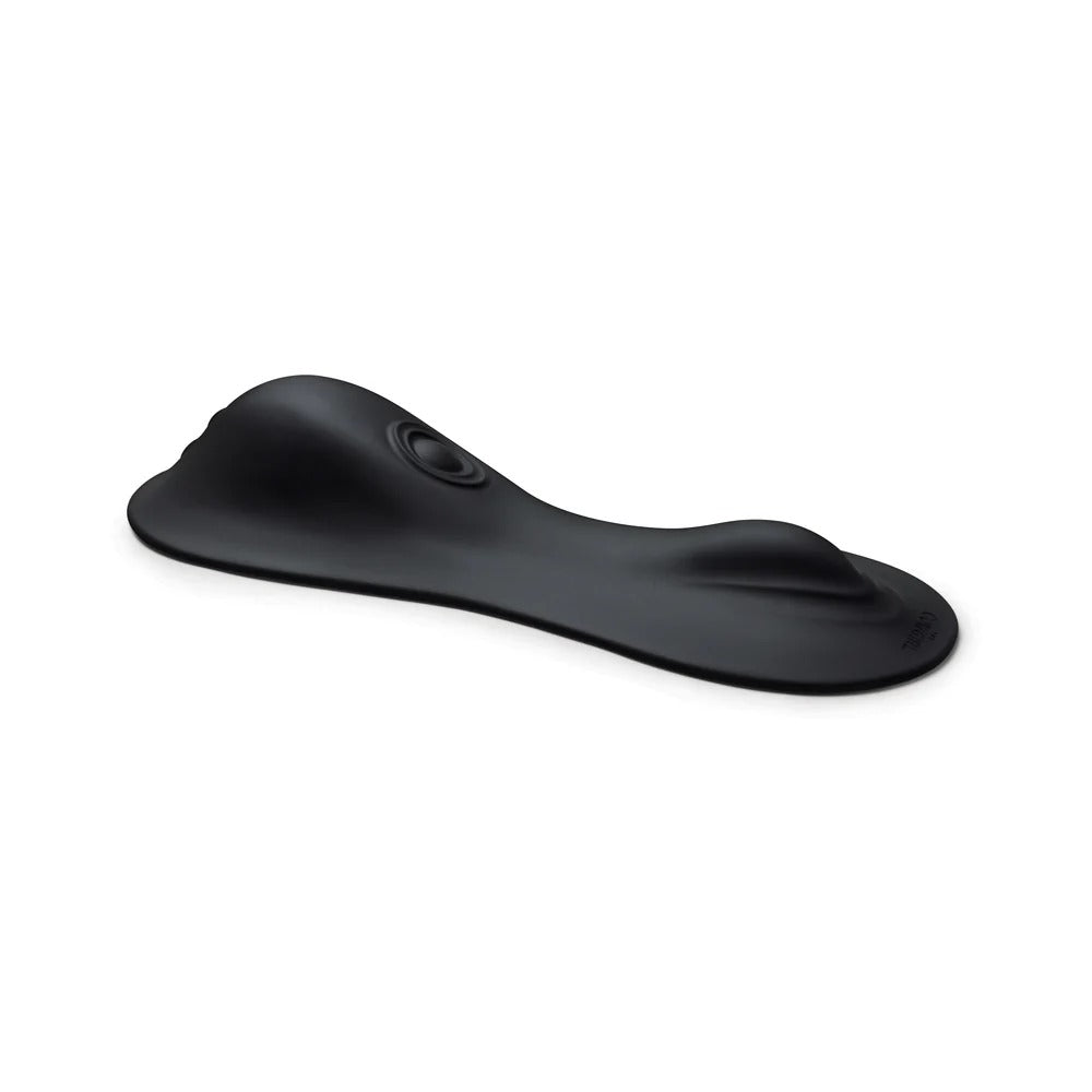 Black silicone foot massager, curved side view with control module
