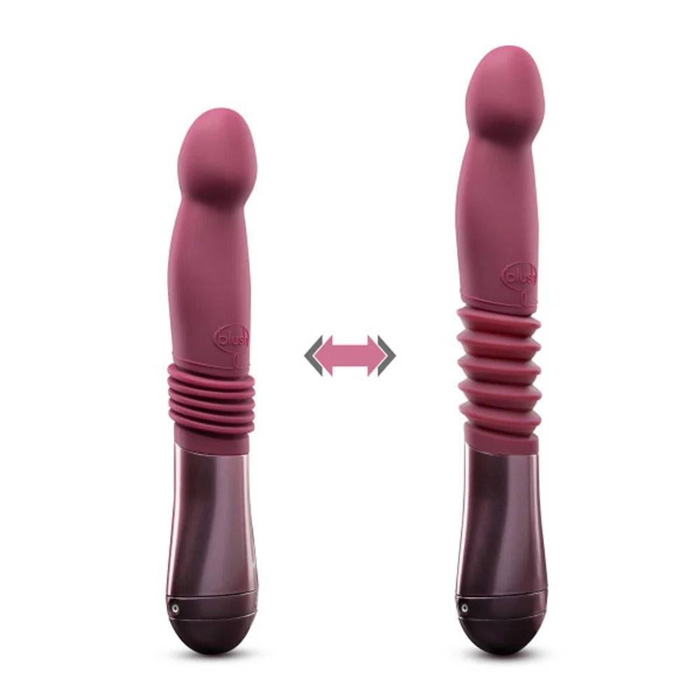 Pink thrusting sex toy vibe with ribbed handle and rounded tip, shown from two angles.