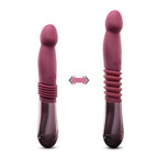 Pink thrusting sex toy vibe with ribbed handle and rounded tip, shown from two angles.