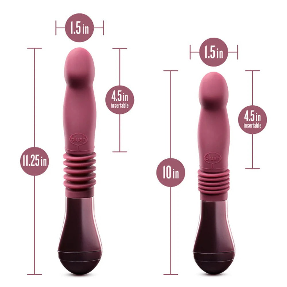 Pink thrusting vibe with ribbed grip and rounded tip, shown with size diagram.