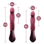 Pink thrusting vibe with ribbed grip and rounded tip, shown with size diagram.