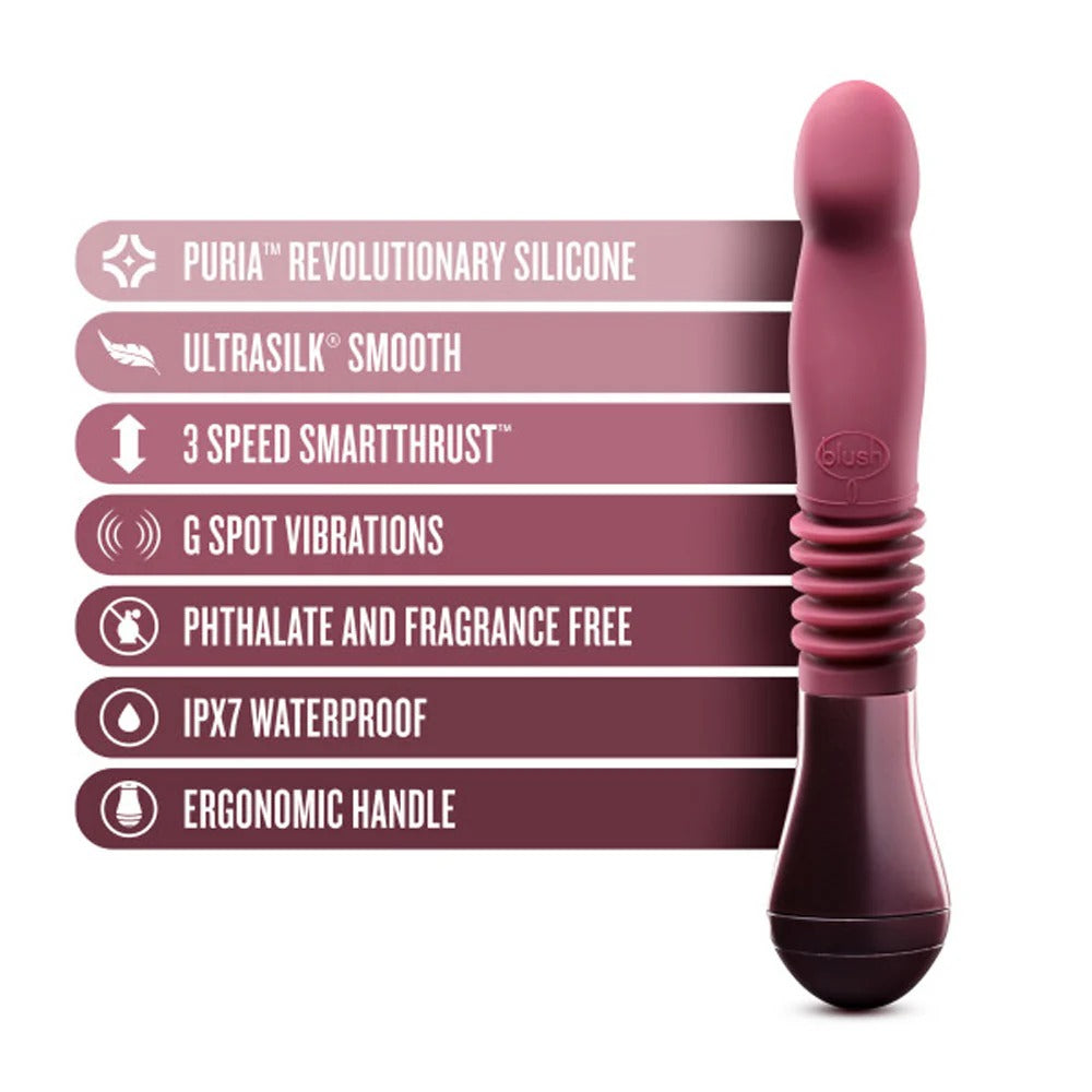 Pink thrusting vibe with ribbed midsection and ergonomic base, smooth silicone body.