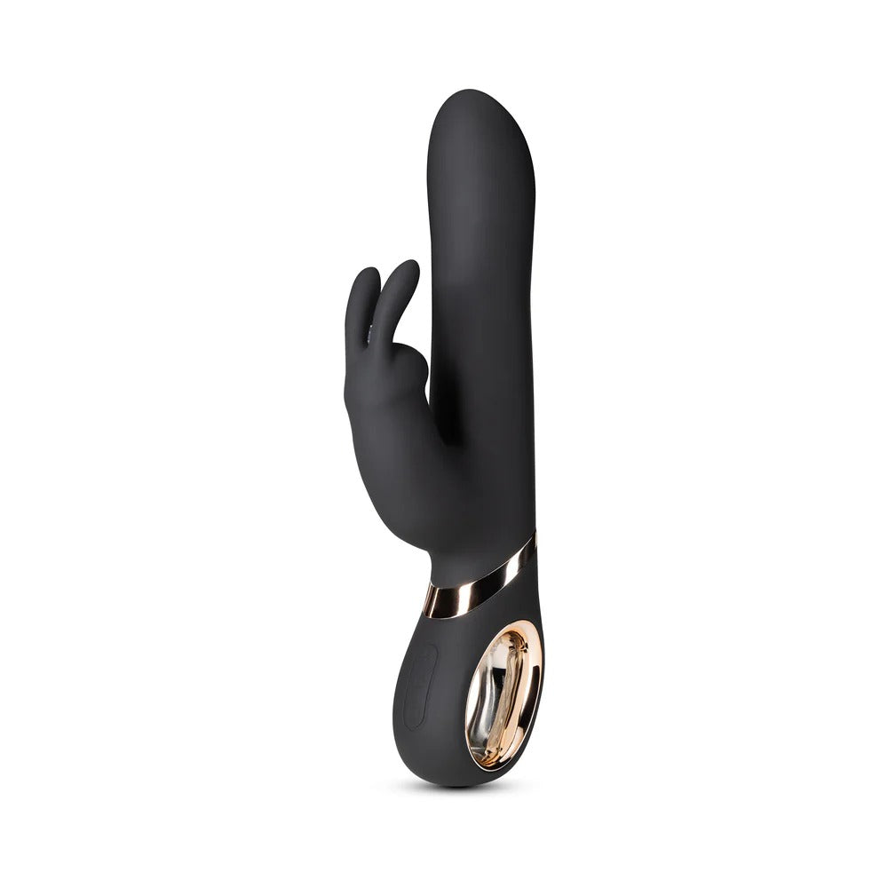 Black G-spot vibrator with curved base, raised fingers, and rose-gold ring detail