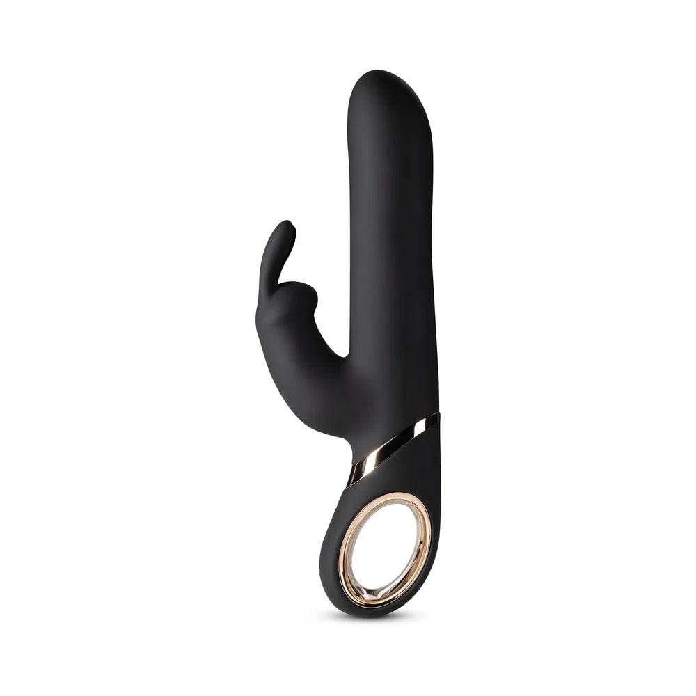 Black curved G-spot vibrator with small side spur and silver-tone base ring.