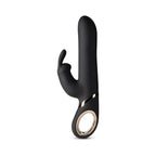 Black curved G-spot vibrator with small side spur and silver-tone base ring.