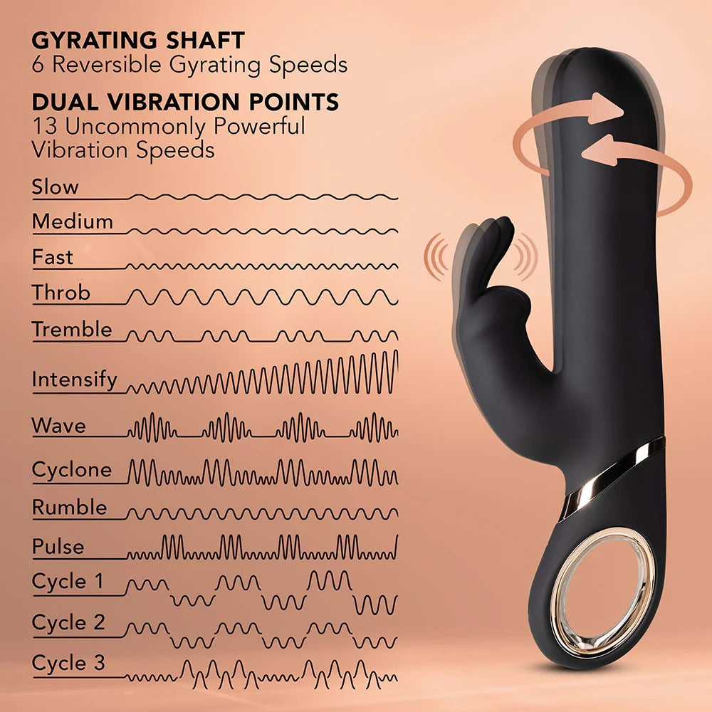 Black G-spot vibrator beside vibration chart, curved arms and rose-gold motor ring