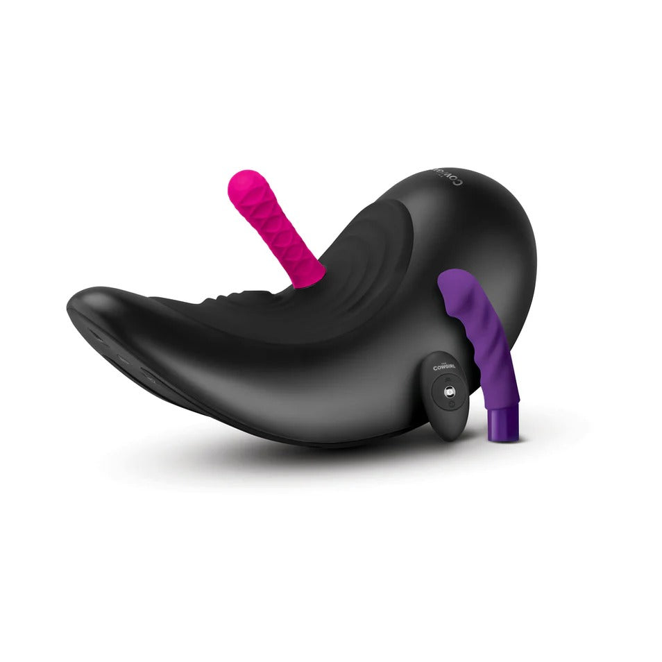 Cowgirl saddle machine black seat with purple insert, side view