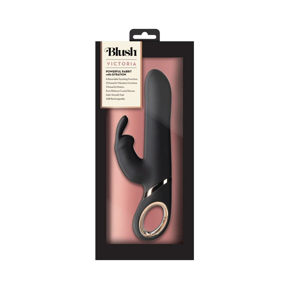 Black G-spot vibrator in retail box with curved arms and rose-gold motor ring