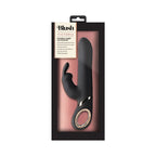 Black G-spot vibrator in retail box with curved arms and rose-gold motor ring