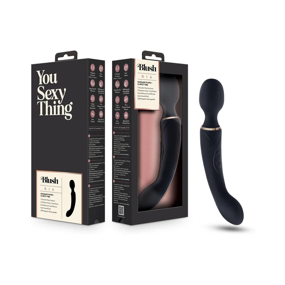 Blush GIA vibrator set with two boxes and dark dual-ended wand