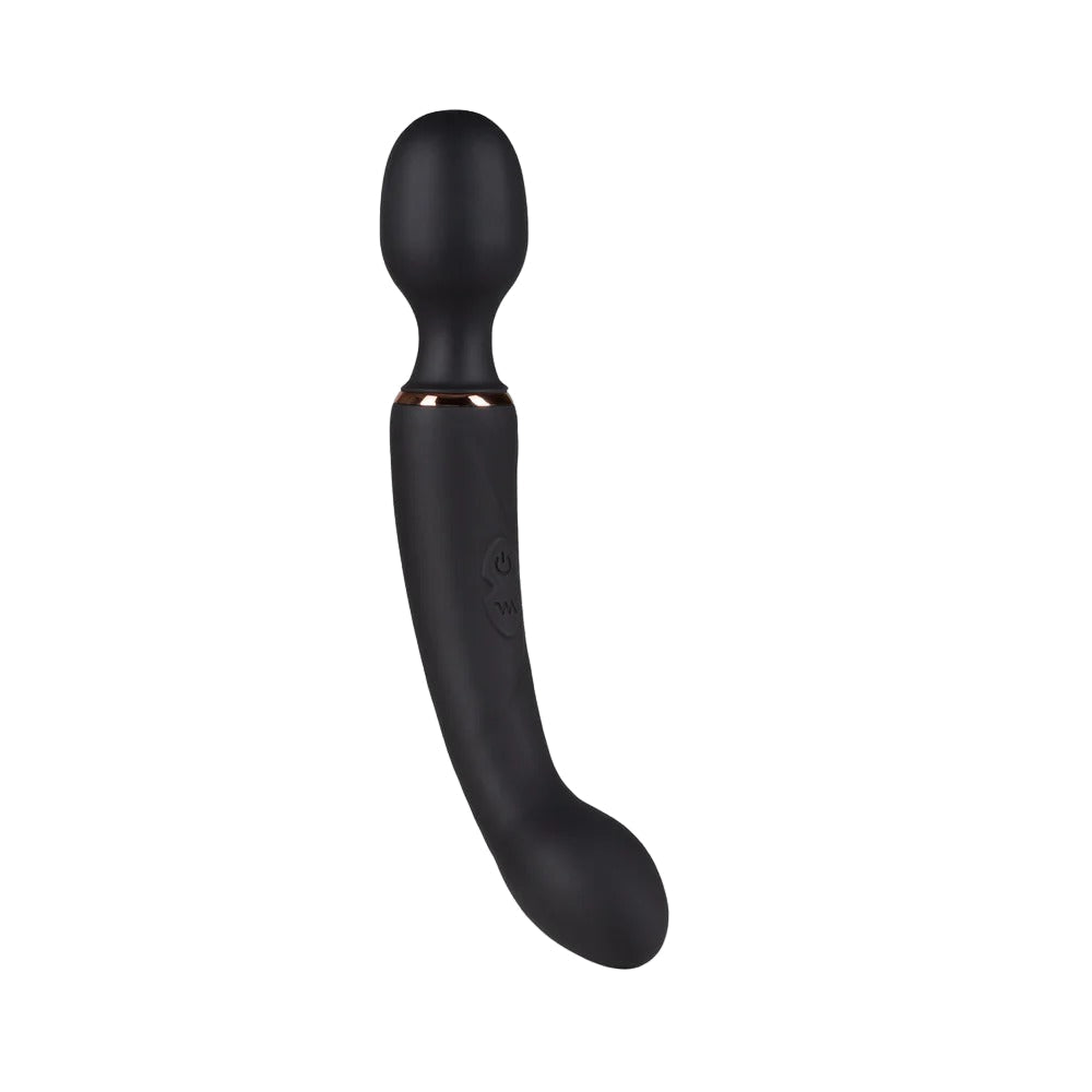 Dual-ended vibrator with dark matte silicone body and curved tapered ends