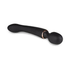 Dual-ended vibrator with smooth dark silicone shaft and two rounded ends with rose-gold ring
