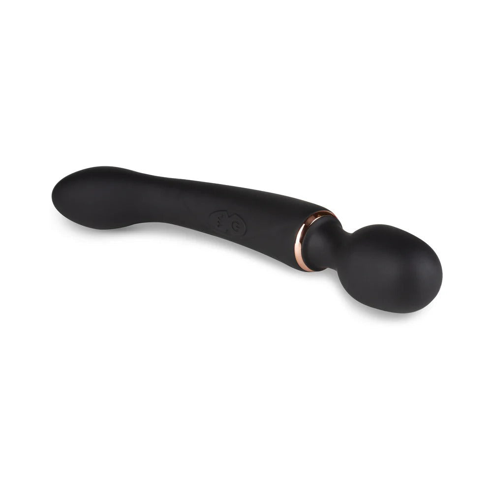 Dual-ended vibrator with smooth dark silicone shaft and two rounded ends with rose-gold ring