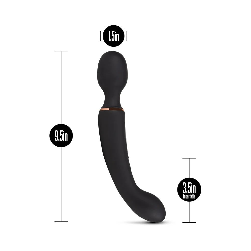 Dual-ended vibrator with length labels and dark silicone body with rose-gold accent