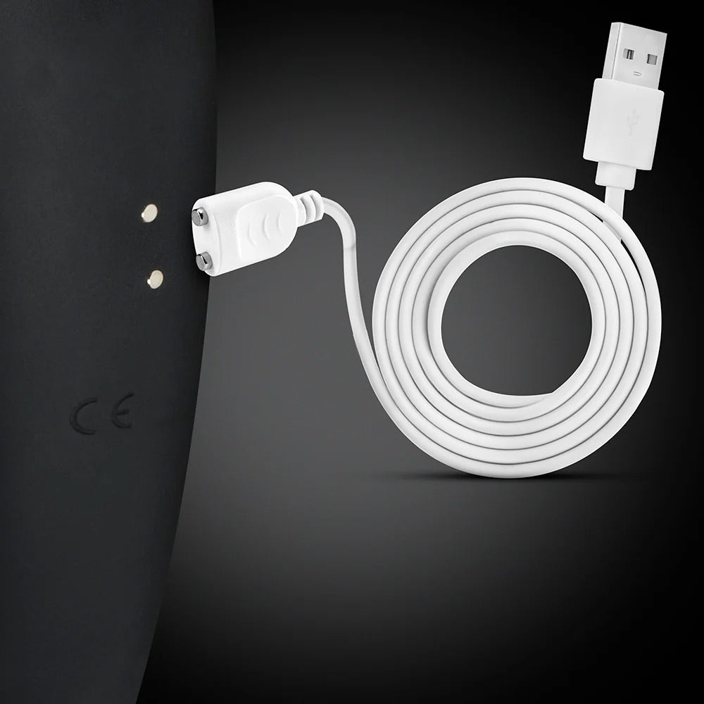Dual-ended vibrator charging cable with USB plug and coiled white cord