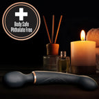 Dual-ended vibrator with dark body and bronze band, plus body-safe seal