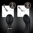 Dual-ended vibrator shown with two stimulation zones, dark body and rose-gold accent ring