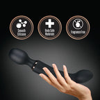 Handheld dual-ended vibrator with smooth dark silicone body and rose-gold detail band
