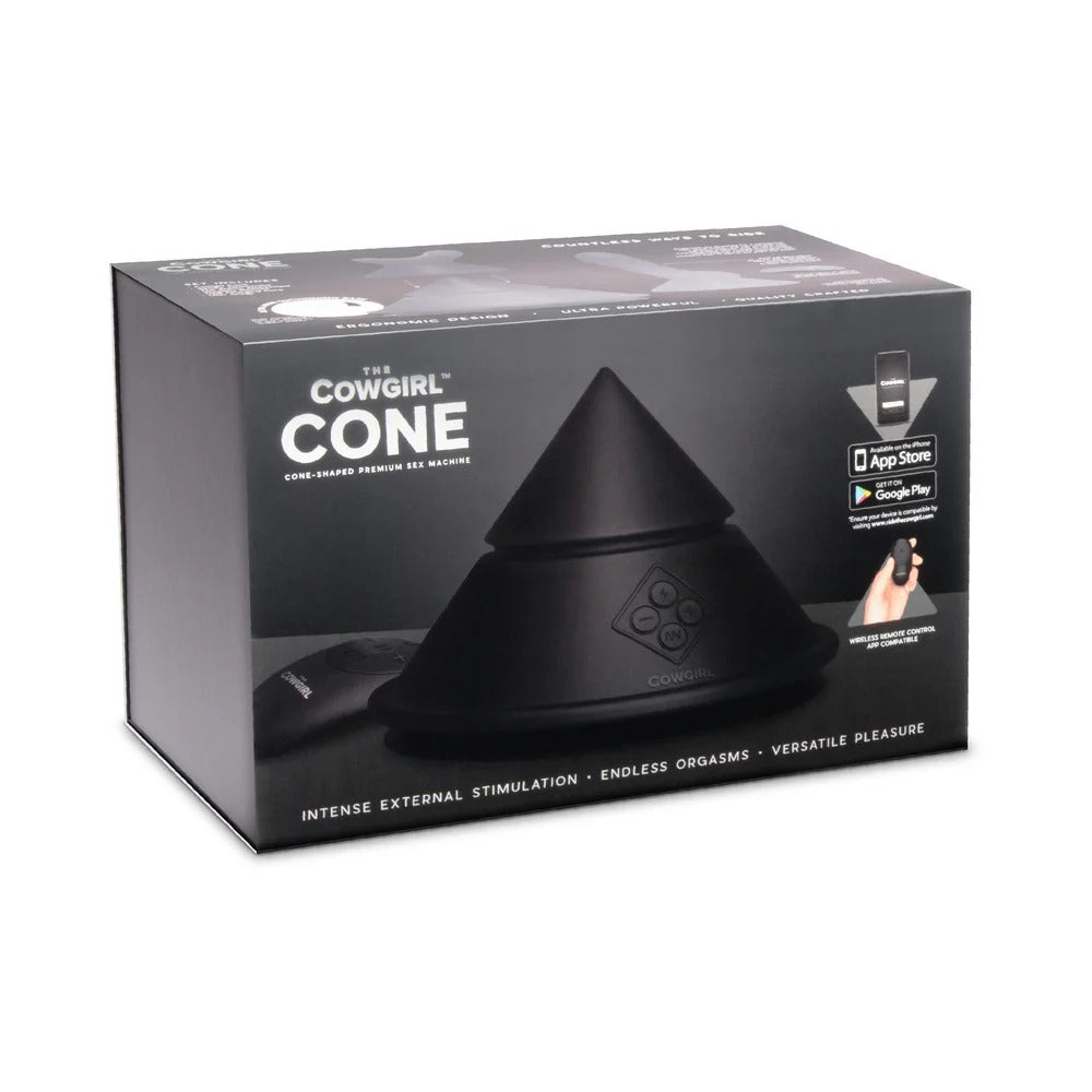 Cowgirl Cone product box showing cone massager and app store icon badges