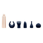 Mini massager set with rose-gold ribbed handle and six navy interchangeable attachments