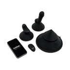 Black cone-shaped sex massager with attachments, handheld remote, and phone display