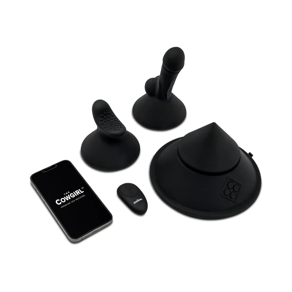 Black cone-shaped sex massager with attachments, handheld remote, and phone display