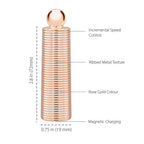 Rose-gold ribbed mini massager handle with round top and labeled feature arrows