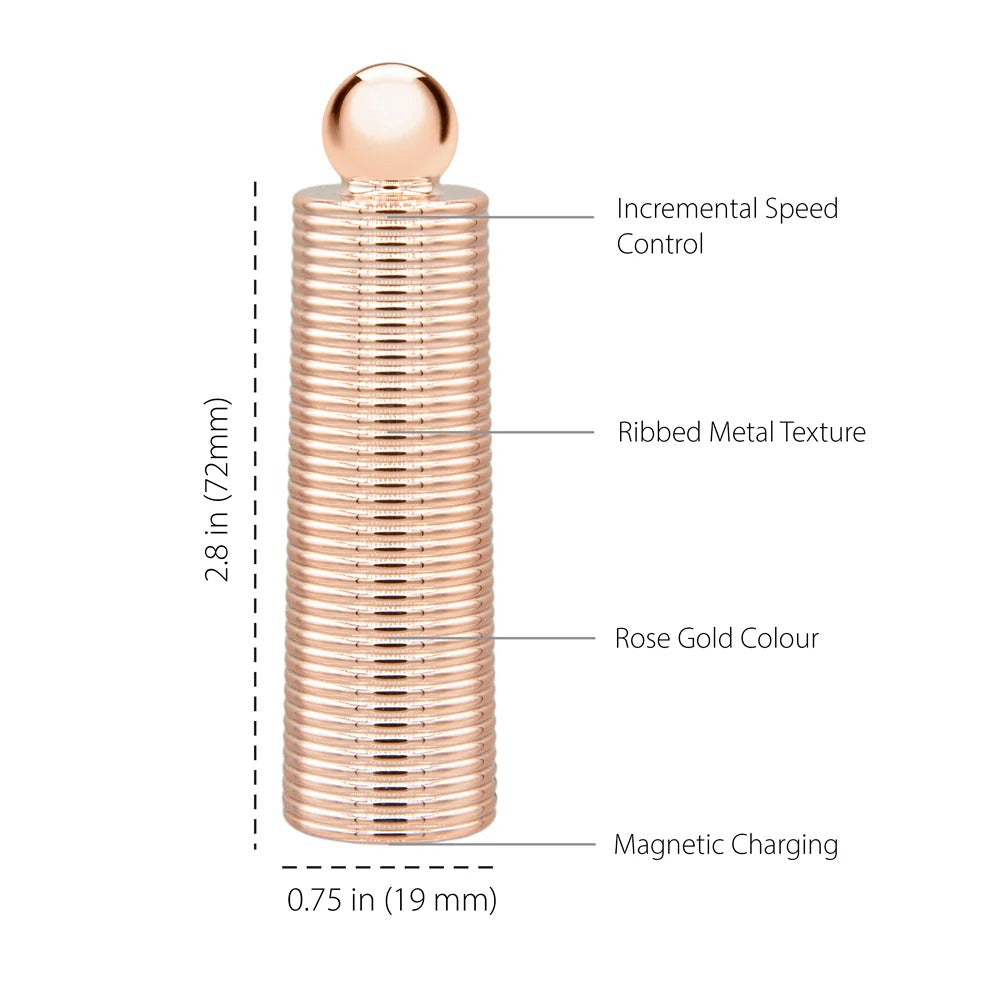Rose-gold ribbed mini massager handle with round top and labeled feature arrows