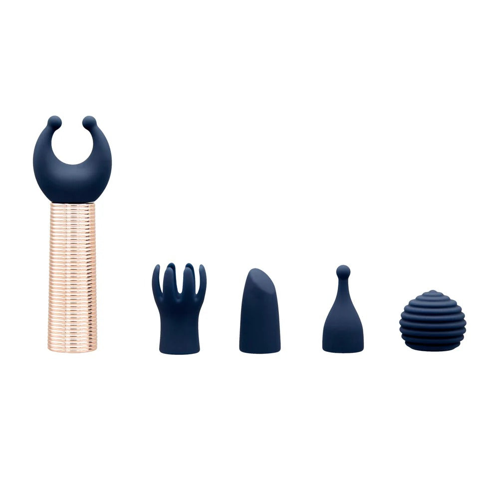 Mini massager set: rose-gold ribbed handle with multiple navy attachment heads