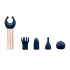Mini massager set: rose-gold ribbed handle with multiple navy attachment heads