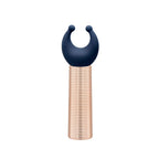 Mini massager handle with navy U-shaped attachment on rose-gold ribbed shaft
