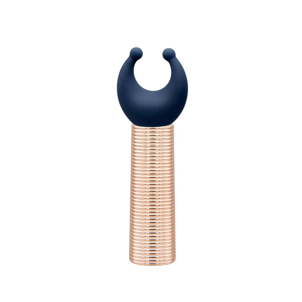 Mini massager handle with navy U-shaped attachment on rose-gold ribbed shaft