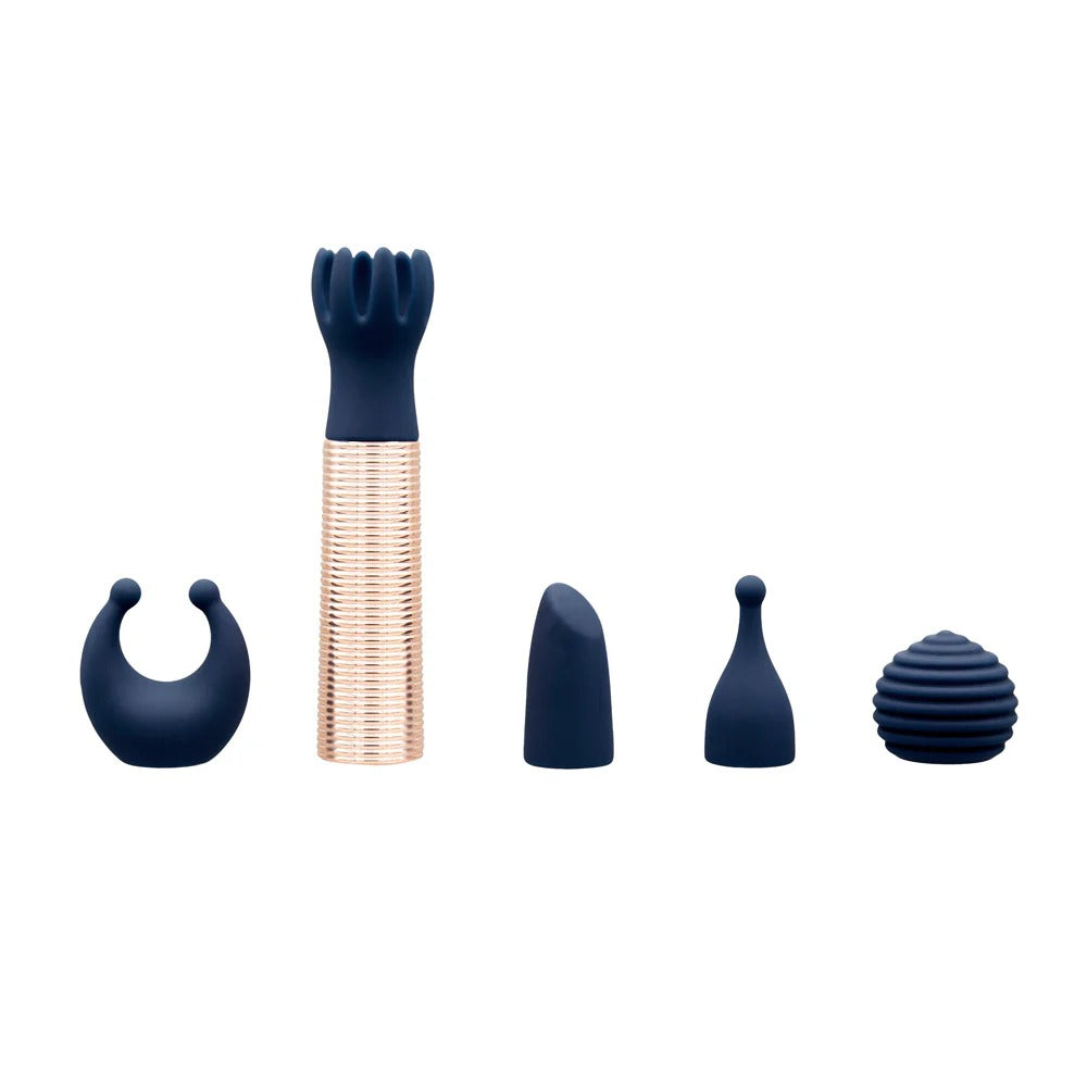 Mini massager set with rose-gold ribbed handle and five navy interchangeable attachments