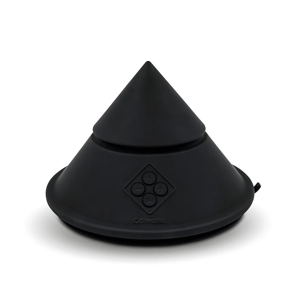 Black cone-shaped sex massager with embossed control panel on the base