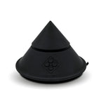 Black cone-shaped sex massager with embossed control panel on the base