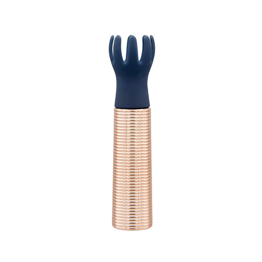 Mini massager handle with navy claw-like attachment on rose-gold ribbed shaft