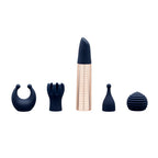 Mini massager set with rose-gold ribbed handle and navy attachment heads, five shown
