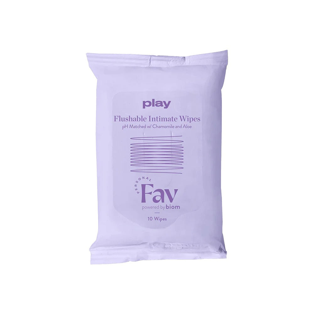 Lavender flushable intimate wipes pack with play branding and 10 wipes