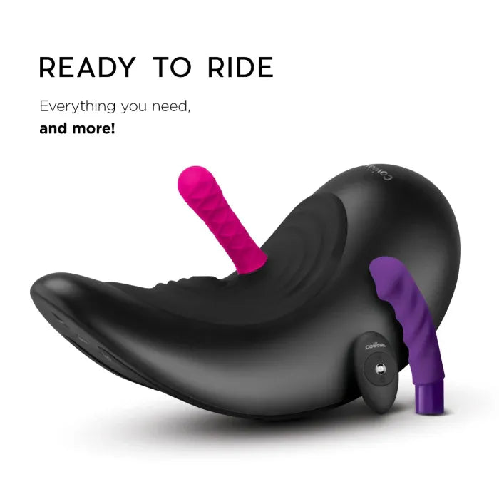 Black massage saddle with magenta and purple vibration attachments