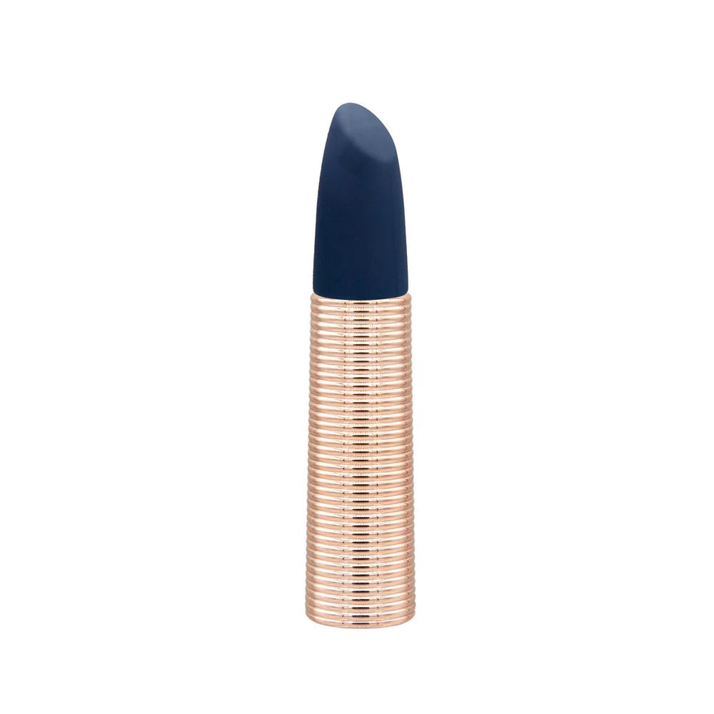 Mini massager handle with navy pointed attachment on rose-gold ribbed shaft