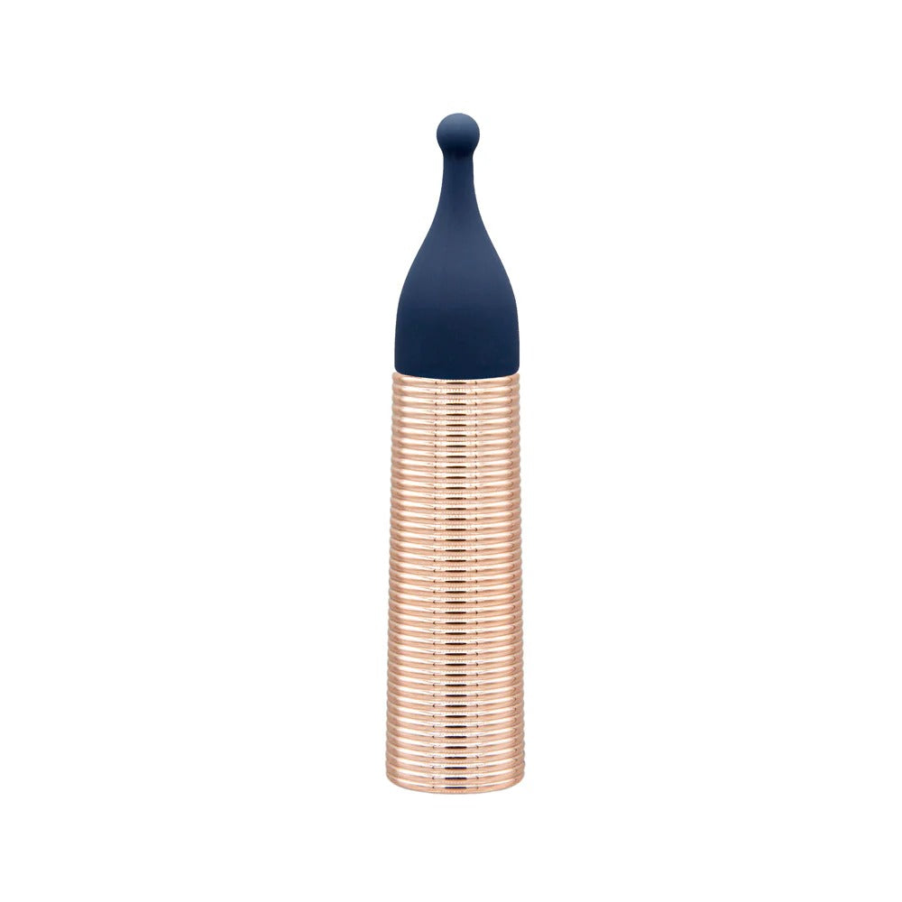 Mini massager with navy silicone cap and clear ridged roller body