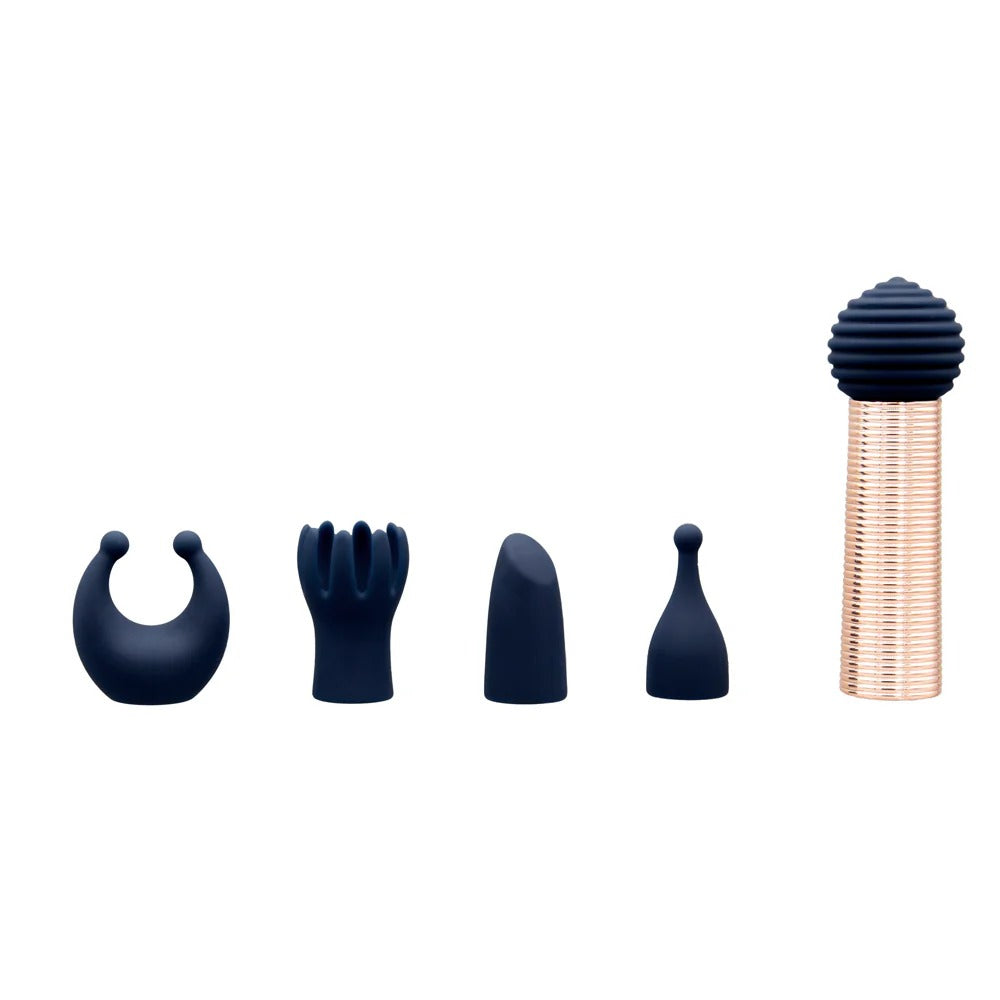 Mini massager set with multiple navy silicone attachments and a clear ridged roller