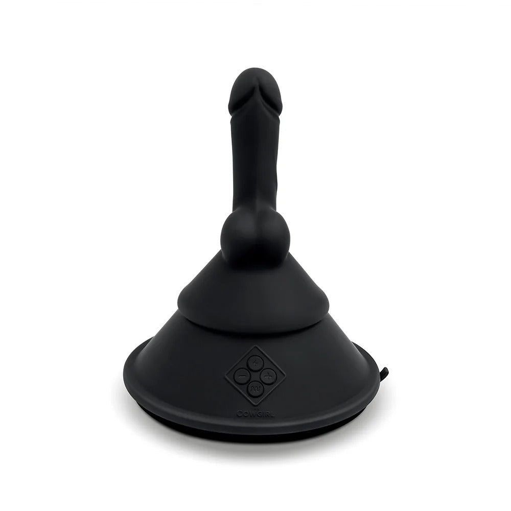 Black cone-shaped sex massager front view with upright tapered top and base