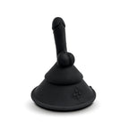 Black cone-shaped sex massager angled view with base emblem and upright nub