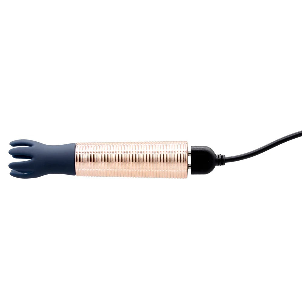 Mini massager with navy silicone finger attachment and ridged clear roller on cord